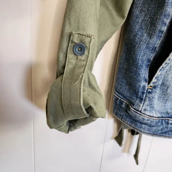 Anthropologie Pilcro & The Letterpress Denim Jacket Green Sleeves Military Boho - Picture 7 of 12